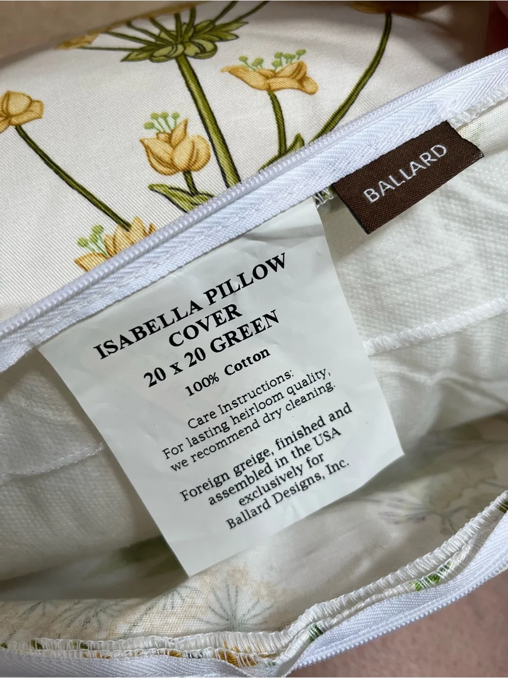 Ballard Designs Isabella Pillow (Cover & Insert) Green 20” Botanical Print NWOT